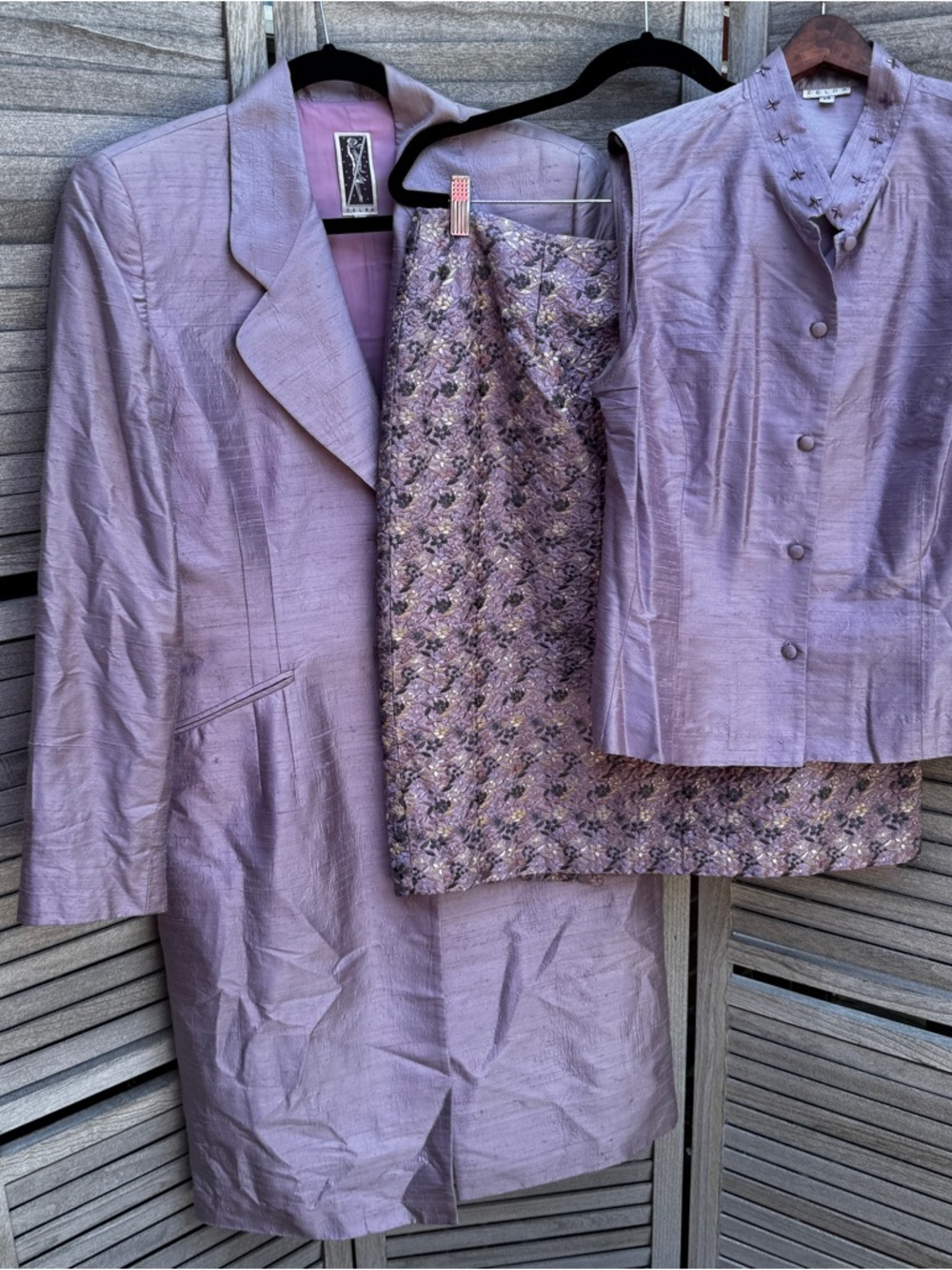 Zelda Vintage 3 Piece Silk Suit Lavender Dupioni Brocade Skirt Size 14 Made USA